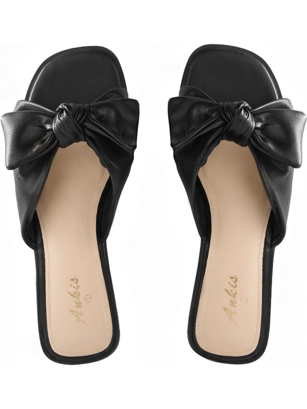 Women's Black PU Leather Summer Comfortable Bow Flat Square Open Toe Slippers